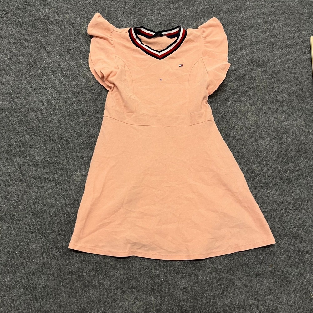 Tommy Hilfiger Dress Girls Size L 12/14 Pink Flutter Sleeve Polo V-Neck Stained